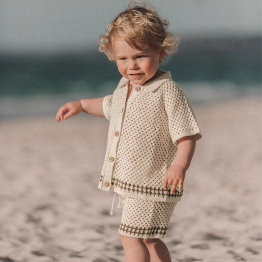 Summer Hollow Lapel Knitted Crocheted Sweater Cardigan Shorts Children's Suit