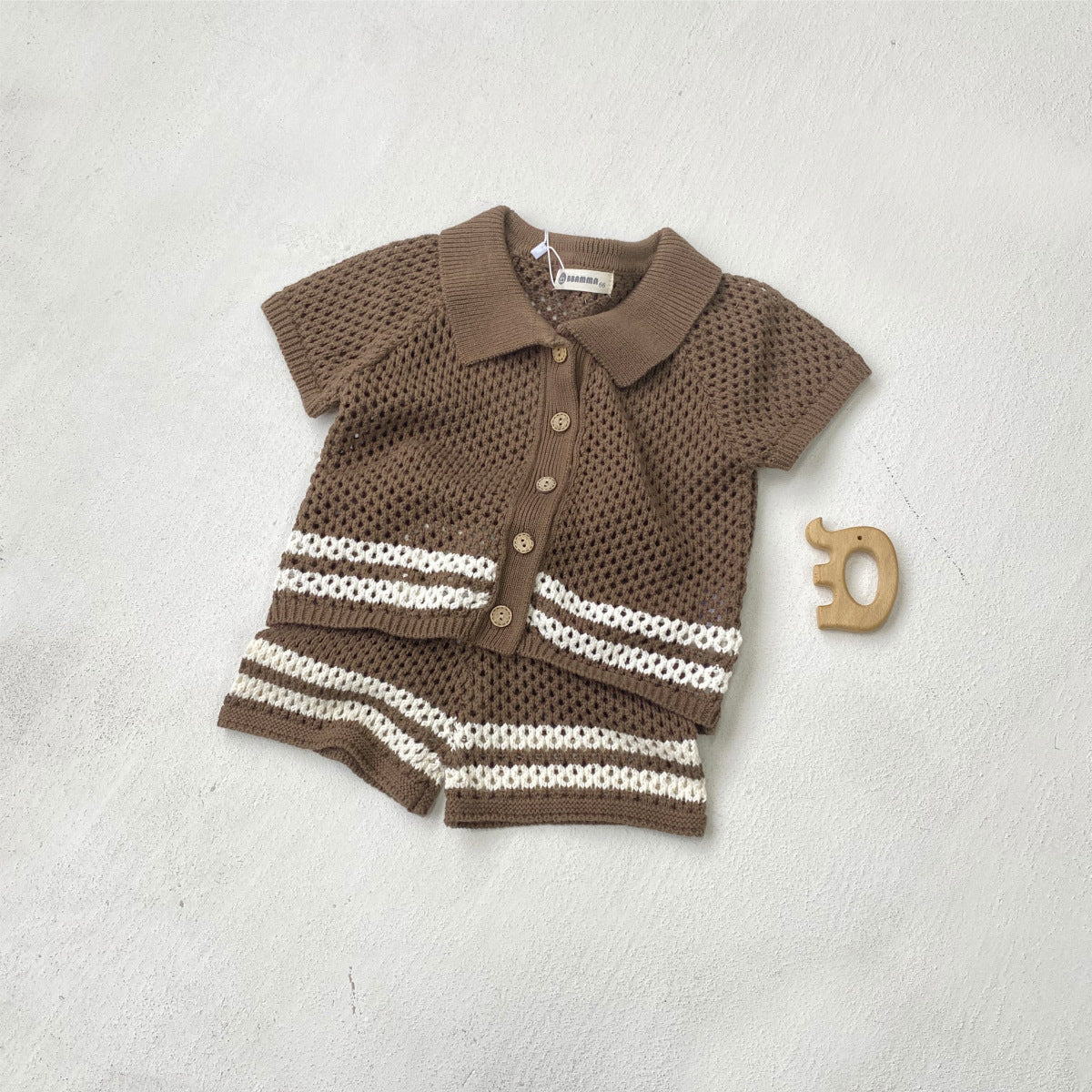 Summer Hollow Lapel Knitted Crocheted Sweater Cardigan Shorts Children's Suit