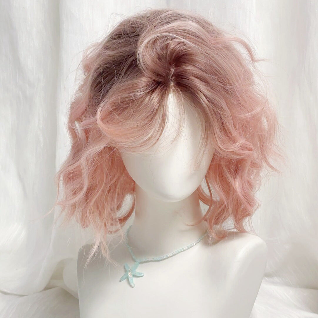 Pink Gradient Egg Roll Artificial Daily Wig Short Curly Hair