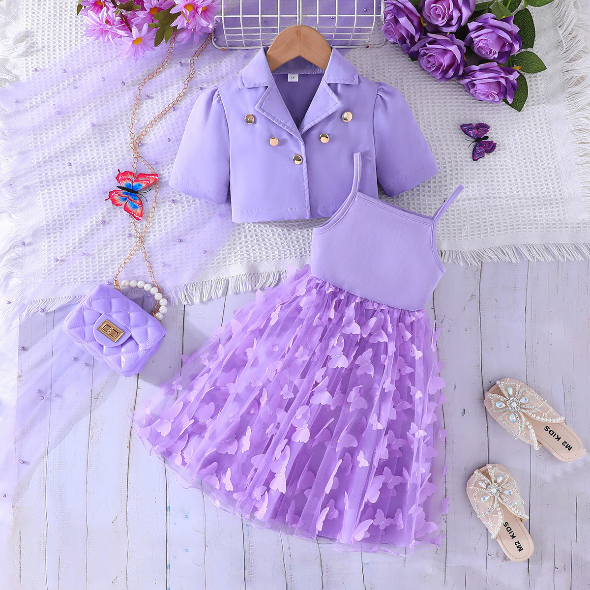 Butterfly Mesh Camisole Long Skirt Two-piece Children's Suit