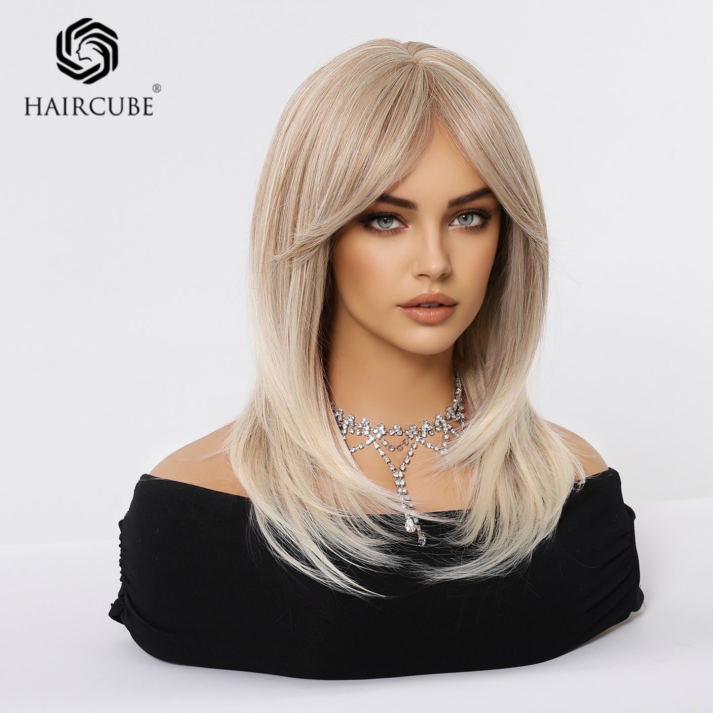 Women's Headgear Mid-length Light Gold Bangs Party Wig Short Straight Hair