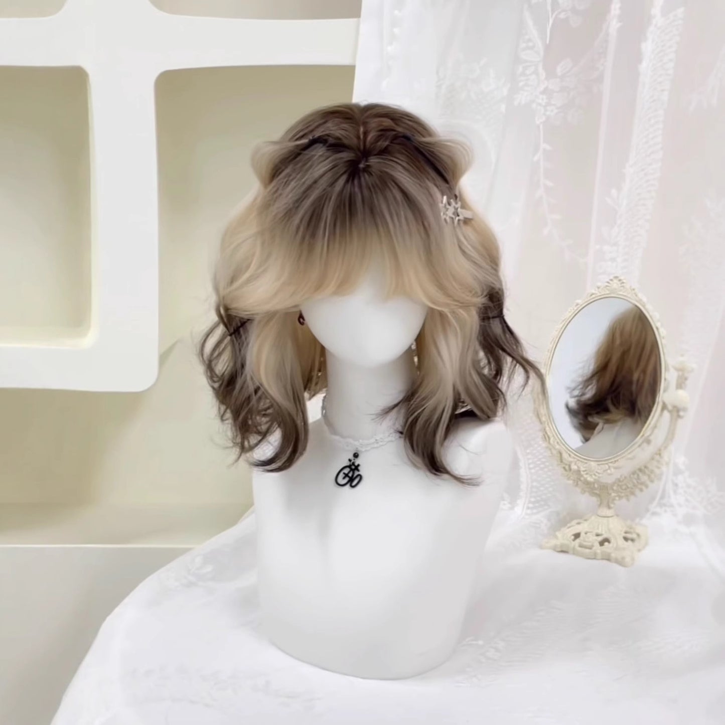 Kitten Highlights Natural Texture Tail Adjustable Female Gradient Wig Short Curly Hair