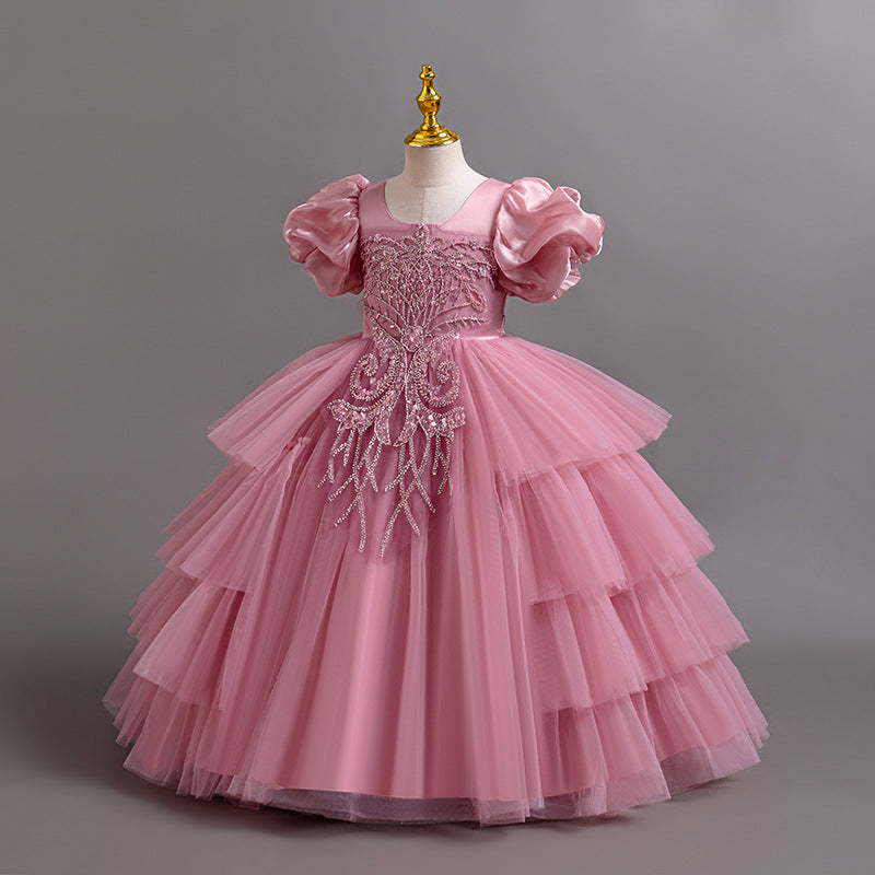 Children's Irregular Puff Sleeve Princess Flower Wedding Performance Level Cake Children's Dress