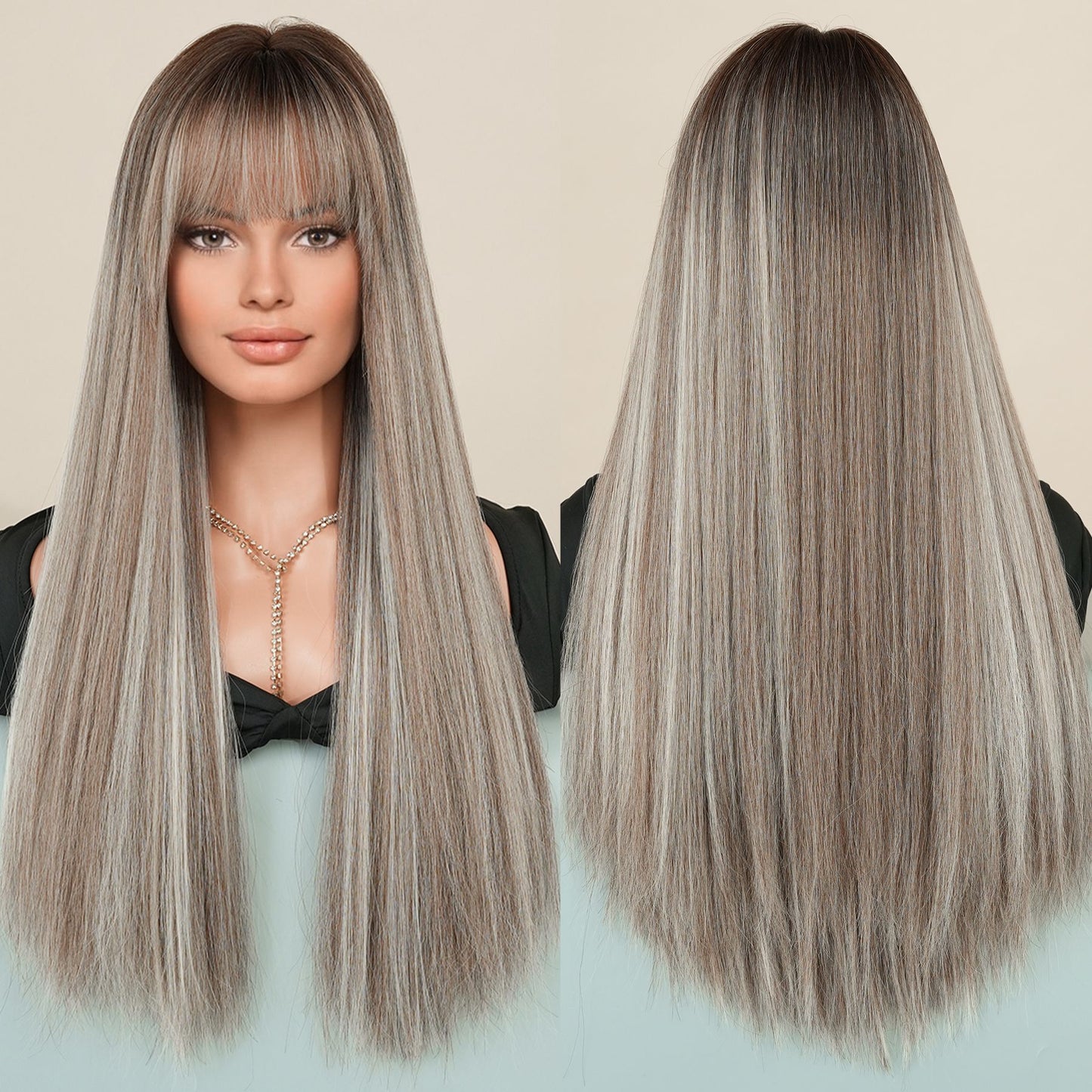 Women's Linen Brown Highlight Hair Fashion Chemical Long Straight Wig