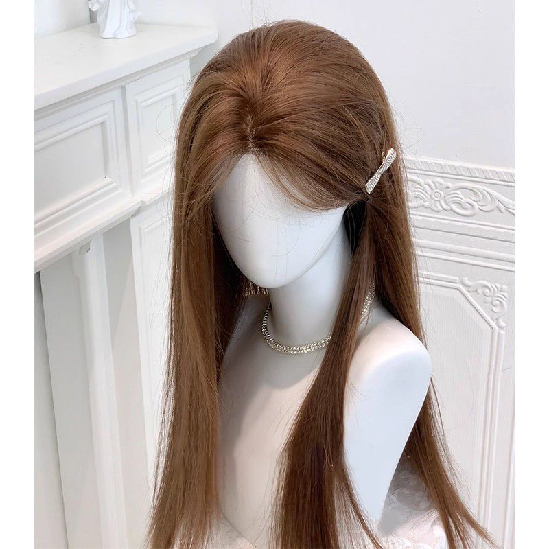 Khaki Female Forehead Hand-woven Lace Hair Linen Brown Long Straight Wig