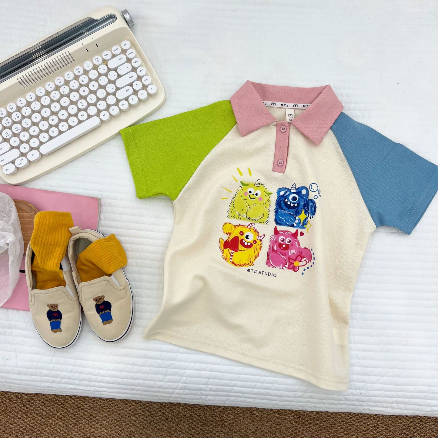 Children's Cartoon Color Matching Sleeve Shirt Short Shorts Children's Suit