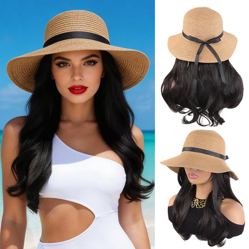 Straw Sun Hat Curly Hair One-piece Wig Long Curls