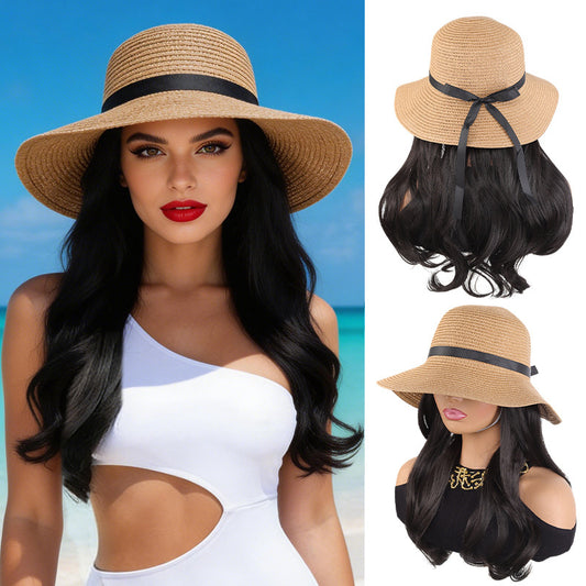 Straw Sun Hat Curly Hair One-piece Wig Long Curls