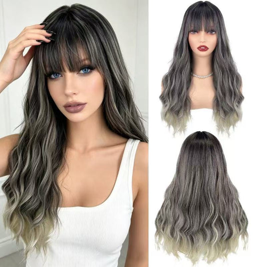 Straight Bangs Natural Fluffy Gradient Color Curly Wig Long Curls