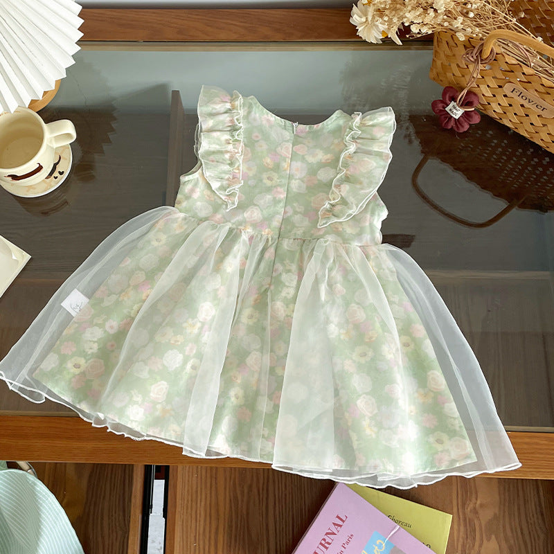 Children's Summer Floral Print With Green Background Children's Dress
