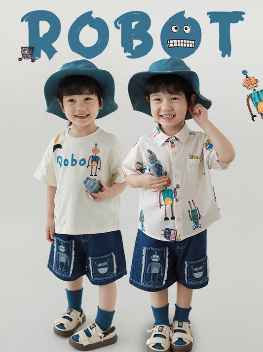 Children's Thin Loose T-shirt Lapel Shorts Robot Series Children's Shirt