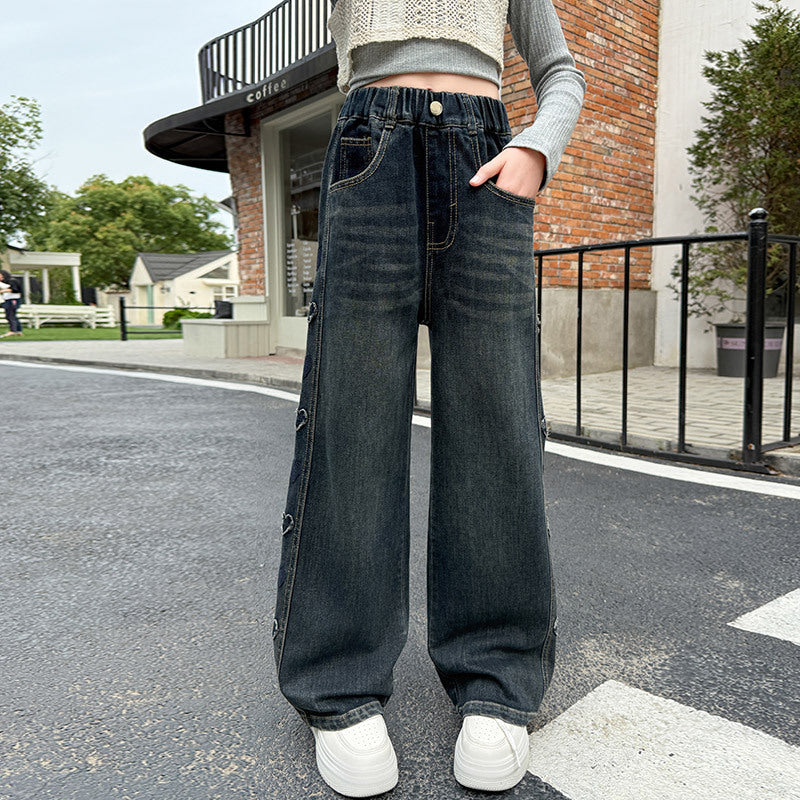 Side Frayed Heart Jeans Korean Style Western Children's Pants
