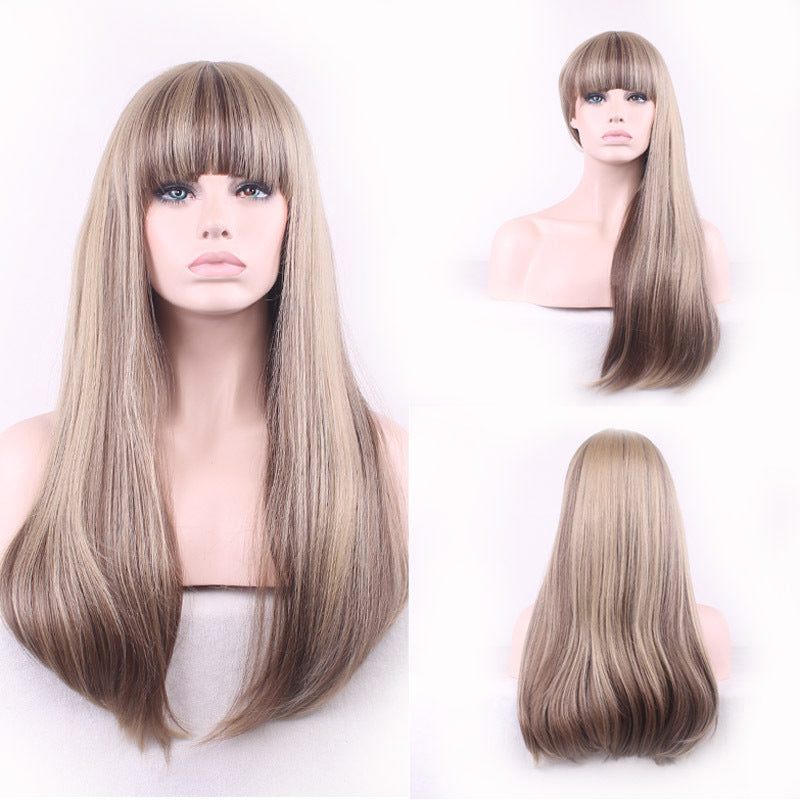 Rose Net Mixed Color Gradient Straight Bangs Female Hair Chemical Wig Long Curls