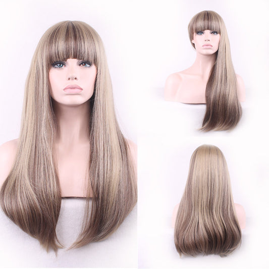 Rose Net Mixed Color Gradient Straight Bangs Female Hair Chemical Wig Long Curls