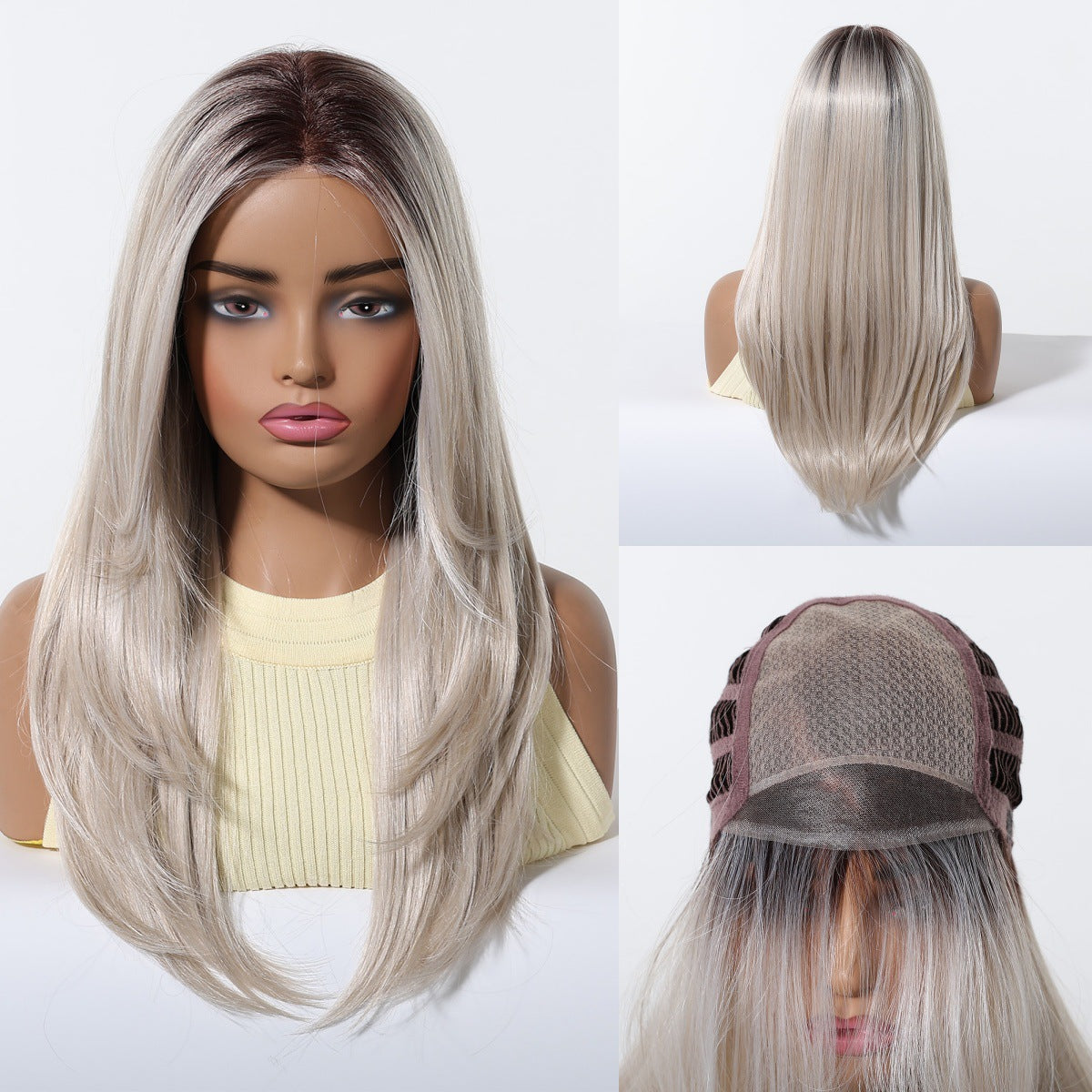 Silk Split Free Curly Hair Female Golden Long Straight Wig
