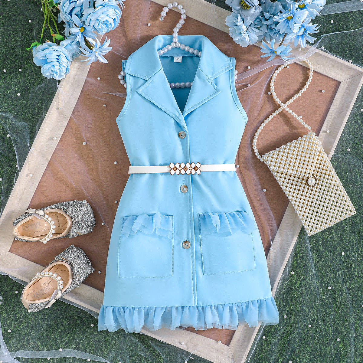 Summer Solid Color Sleeveless Suit Fashion Belt Two-piece Children's Dress