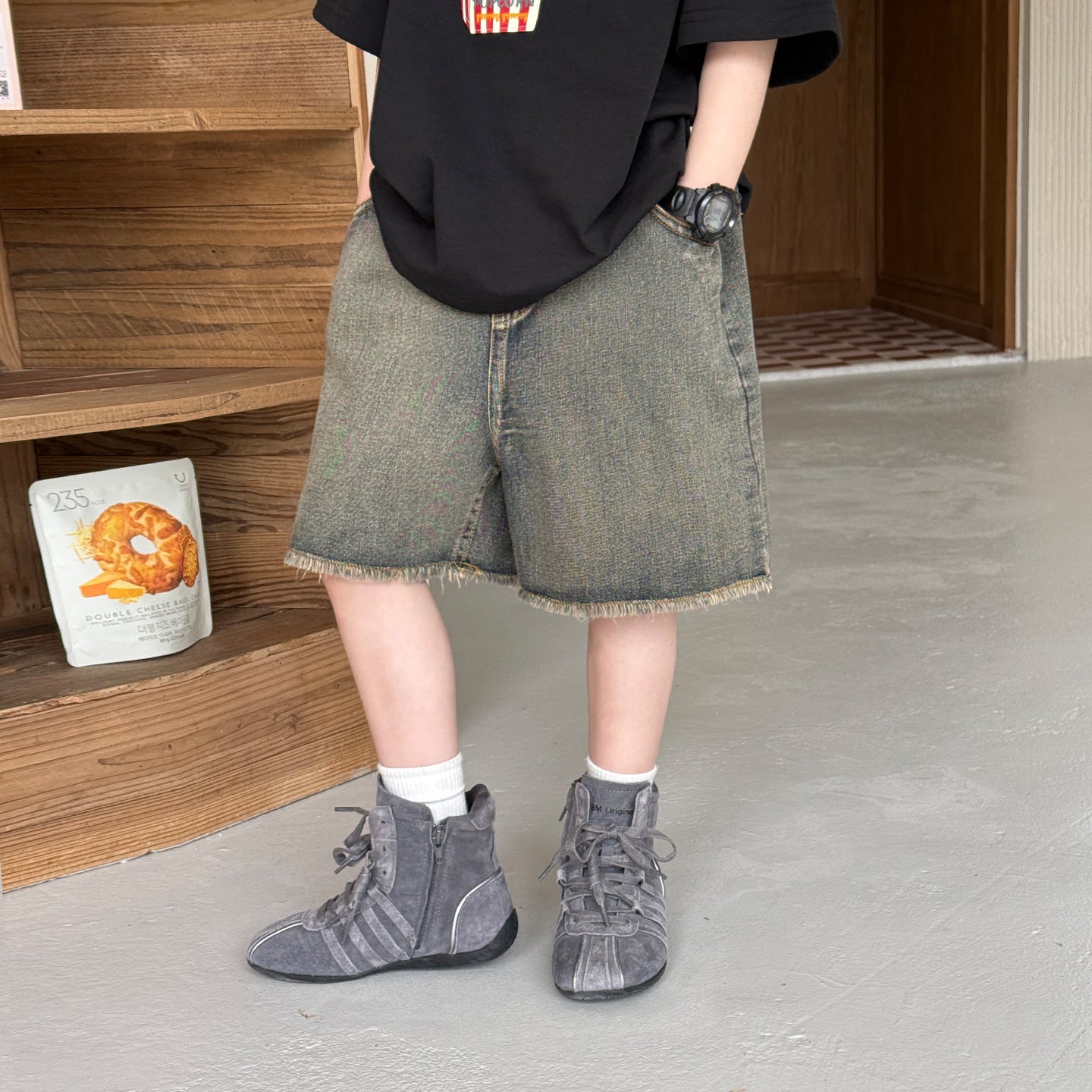 Style Fashion Retro Distressed Raw Edges Design Casual Children's Pants