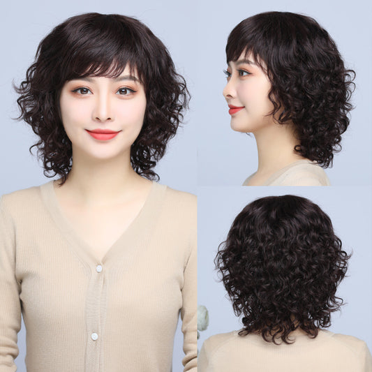 Women's Curly Lady Mom Human Wigs Full Real Hair Wig