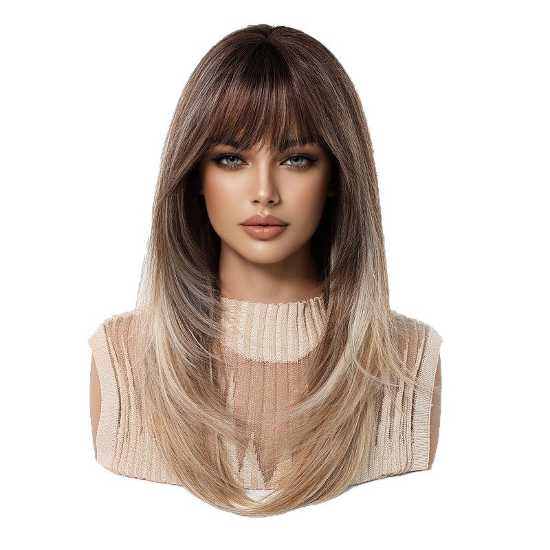 Brown Gradient Bangs Top Dyed Layered Long Straight Wig