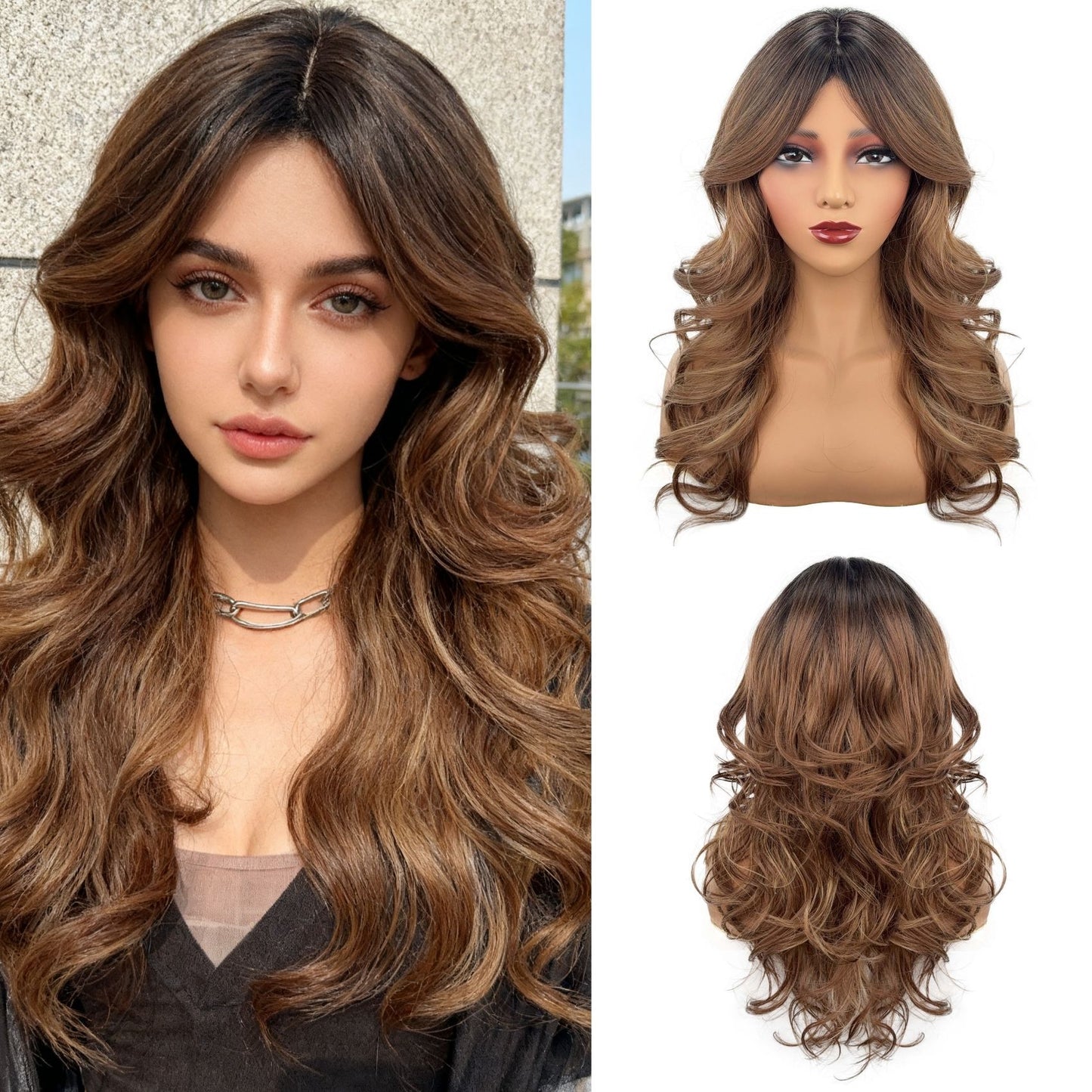 Gradient Brown Fashion Bangs Mid-length Natural Curly Wig Long Curls