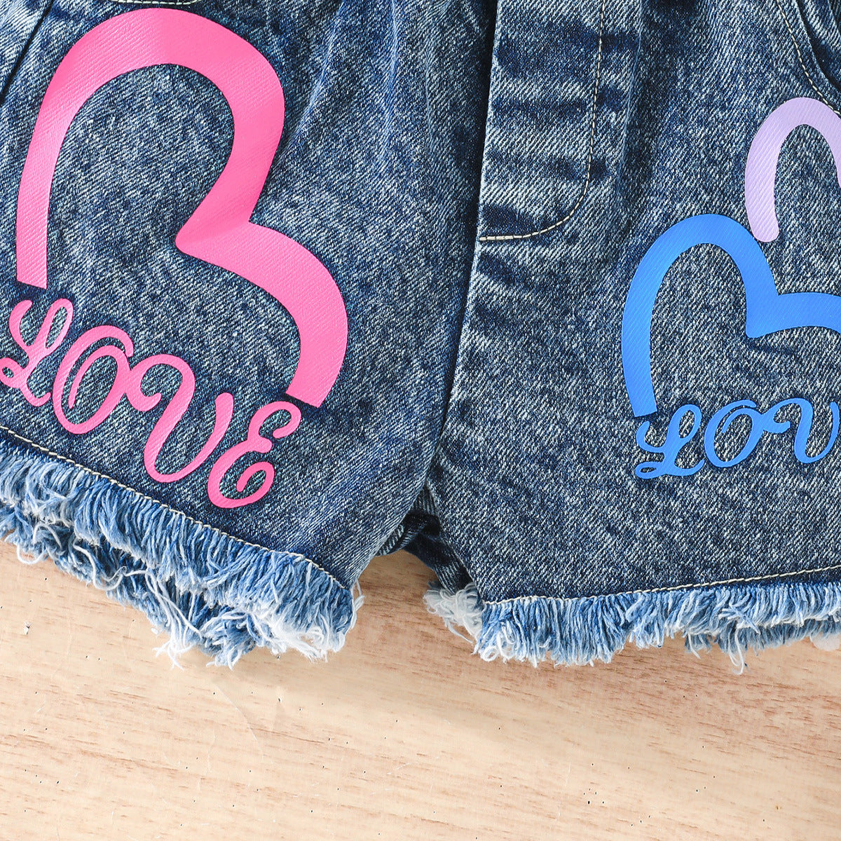 Ruffled Suspender Heart Printing Denim Shorts Children's Suit