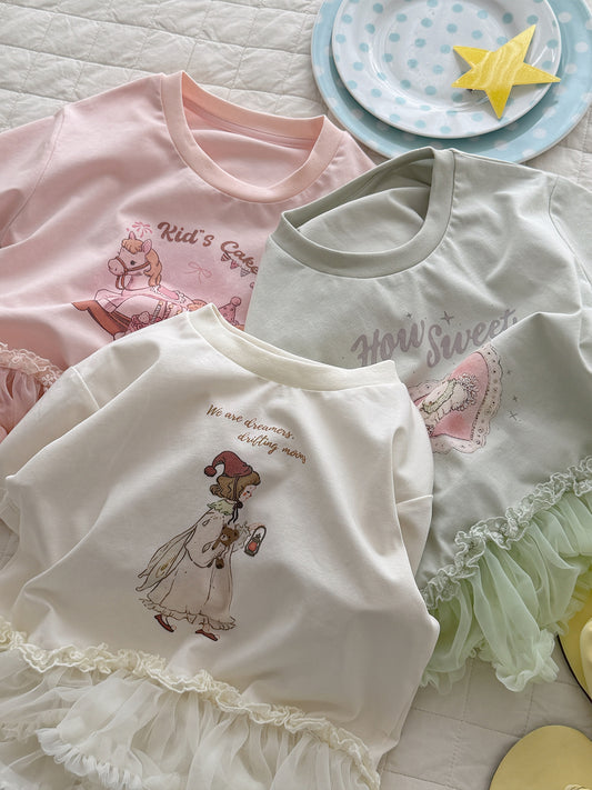Breathable Rabbit Print Net Skirt Hemline Children's T-shirt