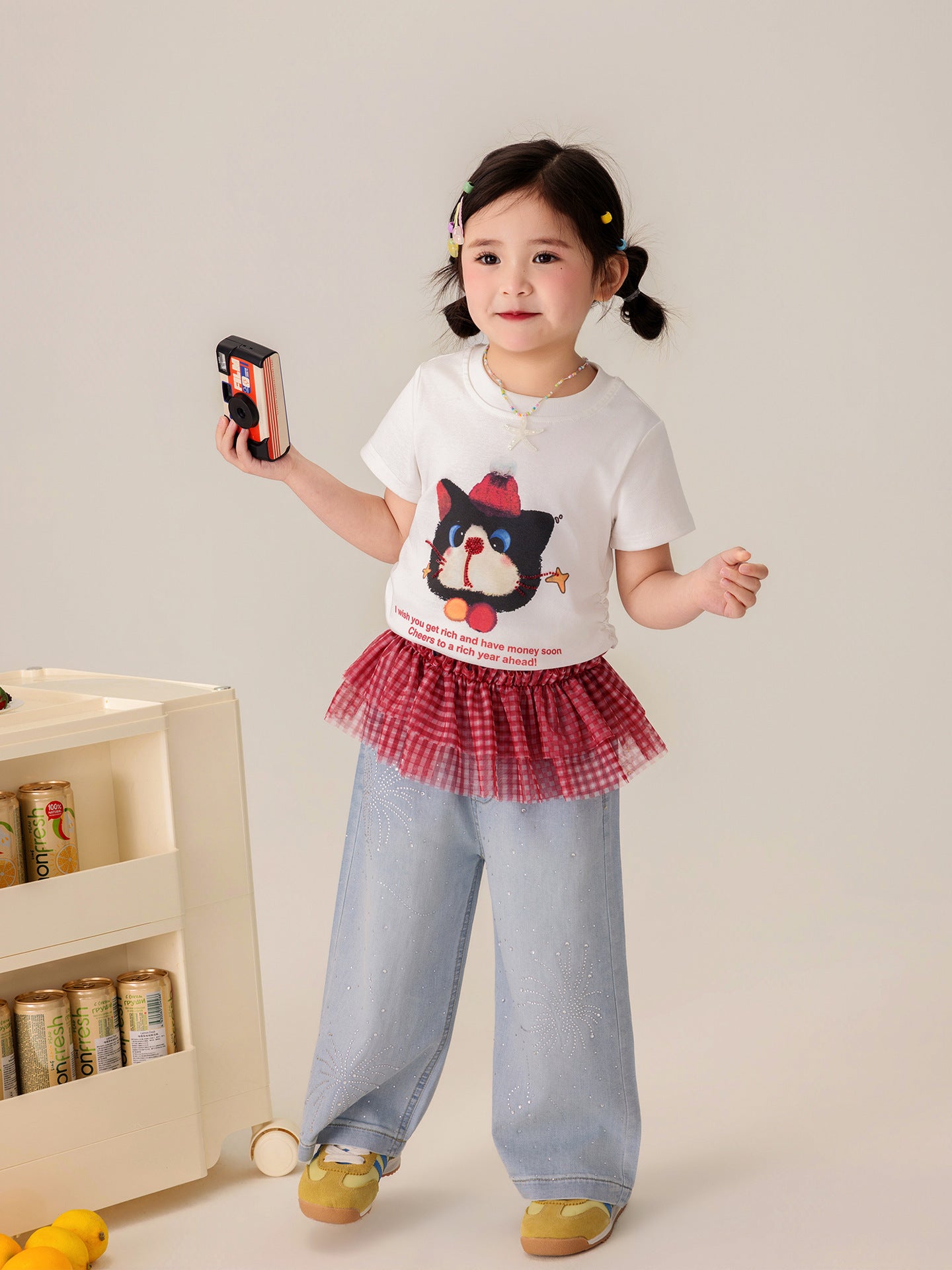 Children's High Elastic Fine Cotton Rib Digital Painted Beaded Tube Embroidery Children's T-shirt