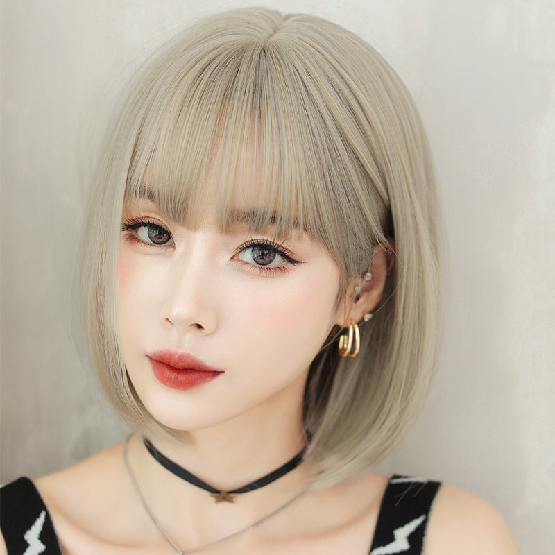 Women's Beige Brown Inner Buckle Full Top Round Wig Short Straight Hair