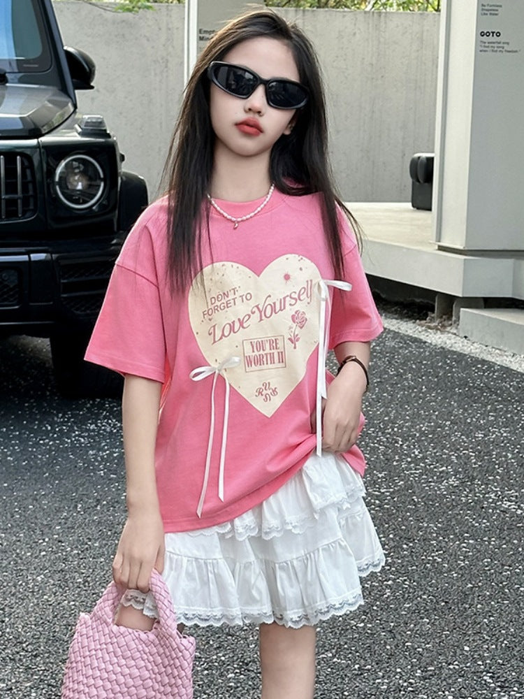 Children's Bow Printed Short-sleeved T-shirt Lace Cake Children's Suit