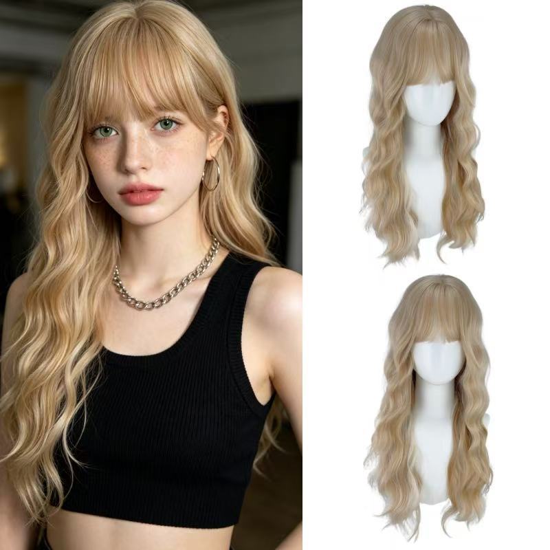 Women's White Gold Color Gradient Curly Hair Air Bangs Chemical Wig Long Curls