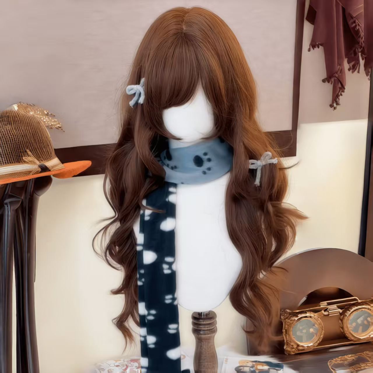 Winter Warm Sun Female Curly Hair Chocolate Brown Side Bangs Wig Long Curls