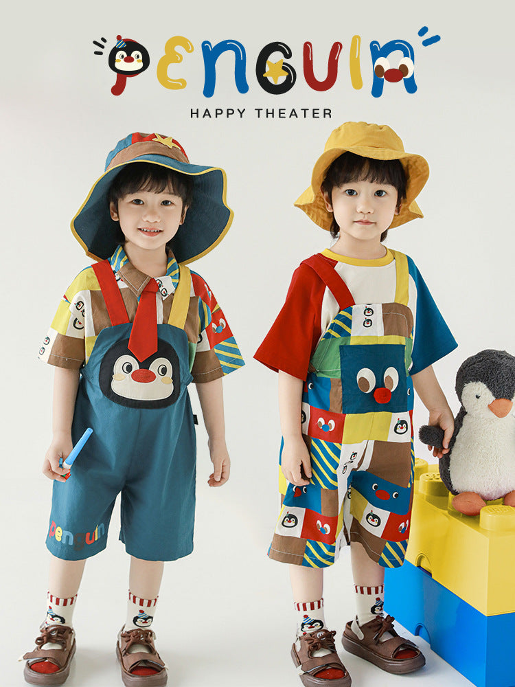 Short Sleeve T-shirt Blouse Loose-fitting Overalls Penguin Series Suit Children's Shirt
