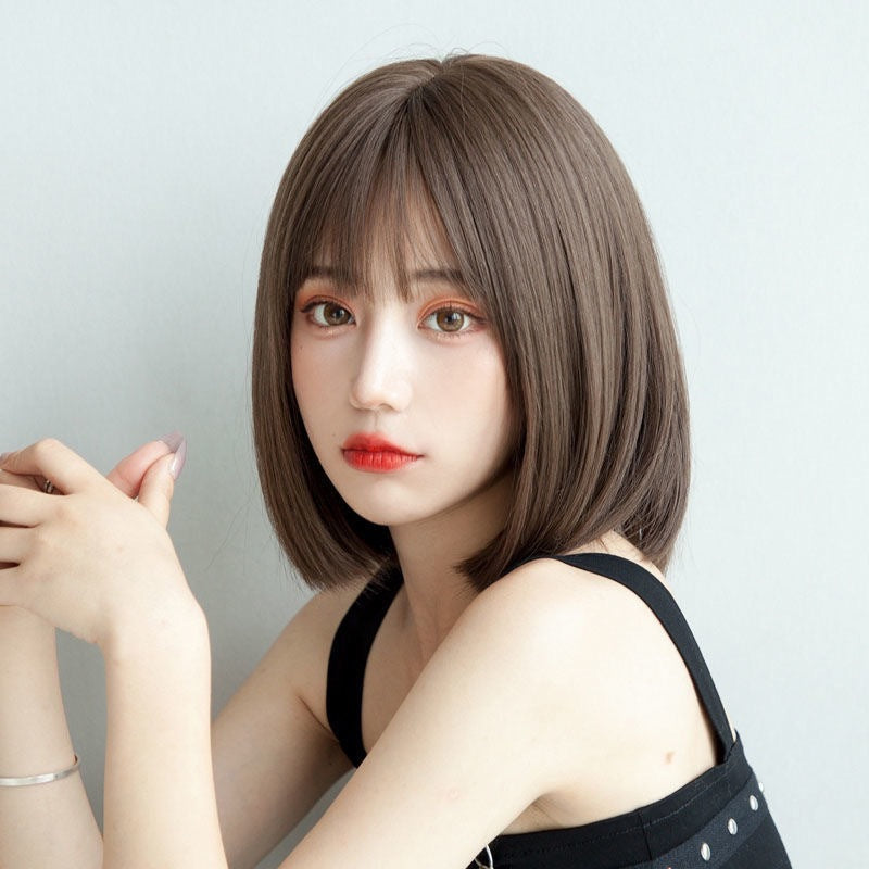 Female Head Round Face Gradient Pink Style Natural Simulation Age Wig Short Straight Hair