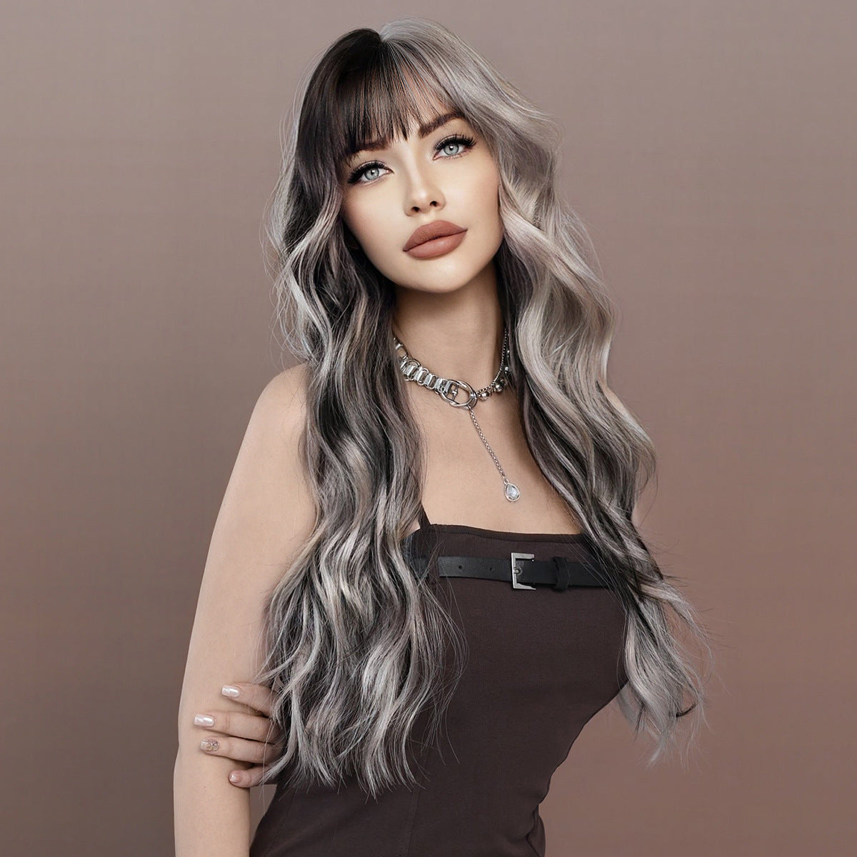 Women's Hair Sier Gray Highlight Full Head Big Wave Wig Long Curls