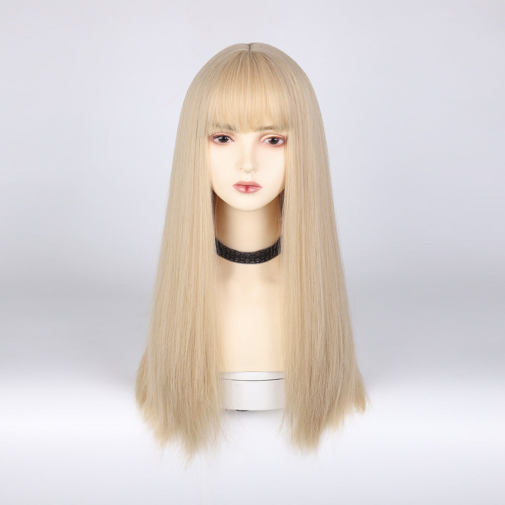 Women's Fashion Team Style White Gold Color Female Full Head Bangs Long Straight Wig