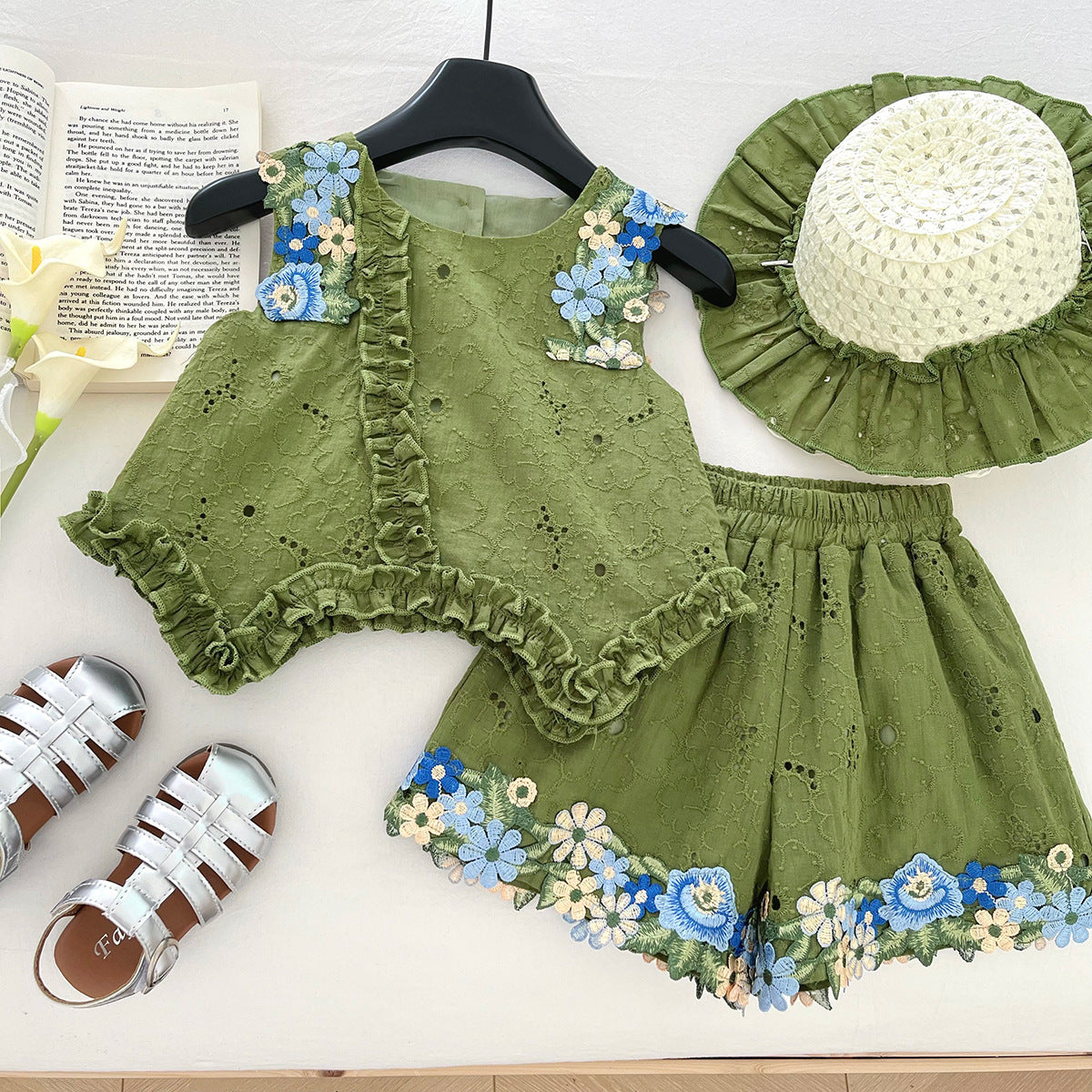 Top Bow Sleeveless Vest Lace Shorts Children's Suit