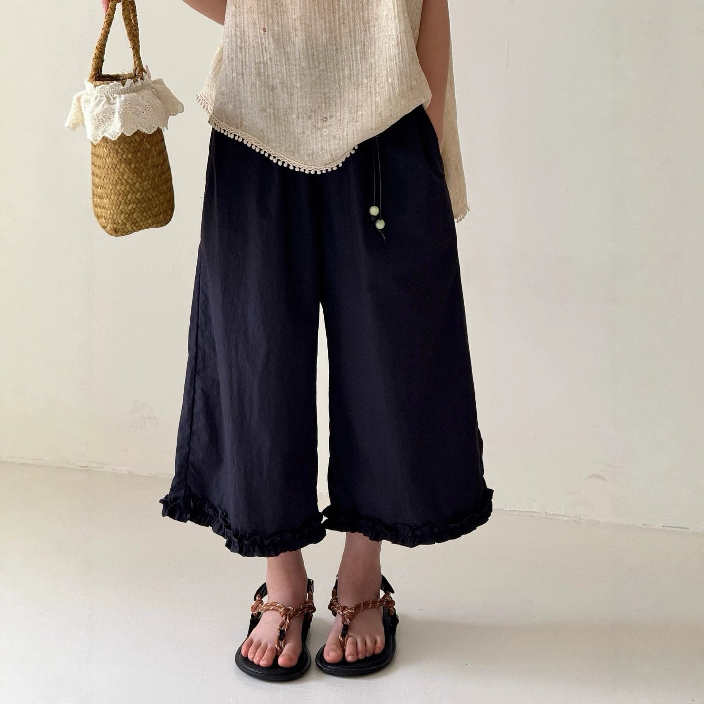 Children's Summer Solid Color Medium Big Korean Lace Children's Pants