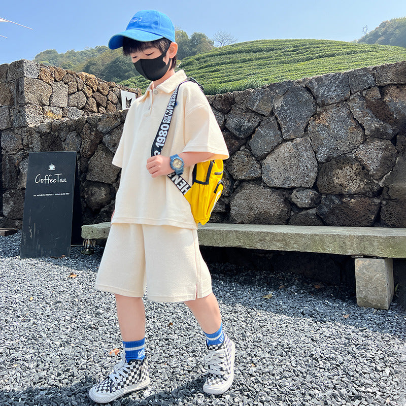 Children's Summer Clothing Fashionable Sports Casual Waffle Shirt T-shirt Two-piece Children's Suit