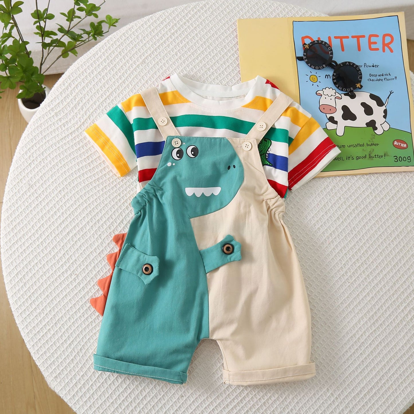 Stripes Round Neck Short Sleeve Leisure Suspender Pants Children's Suit