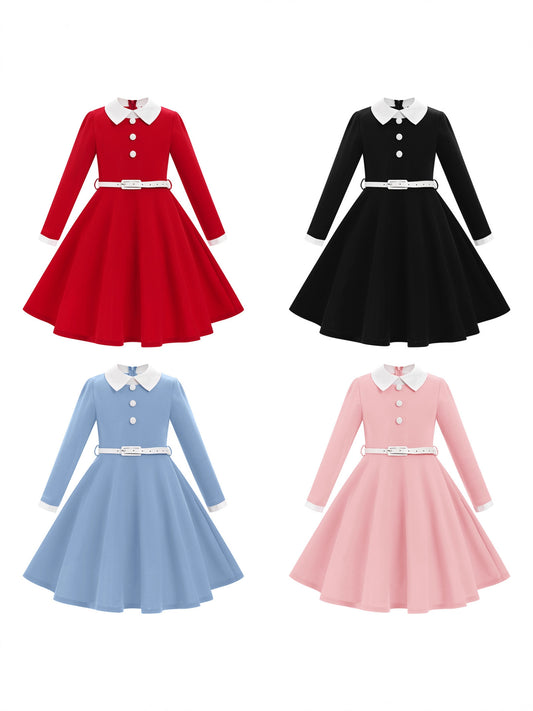 Children's Clothing Design Sense Contrast Color Retro Doll Collar Long Sleeve Children's Dress