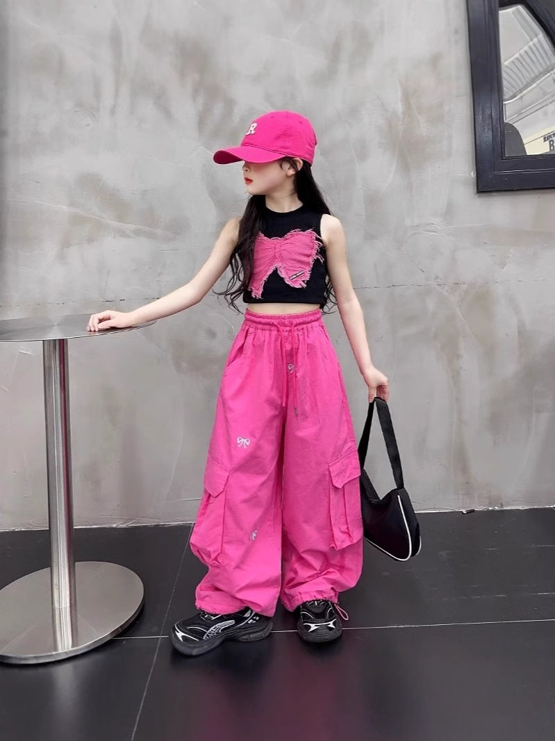 Retro Fun Bow Embroidered Casual Trousers Wide Leg High Children's Pants