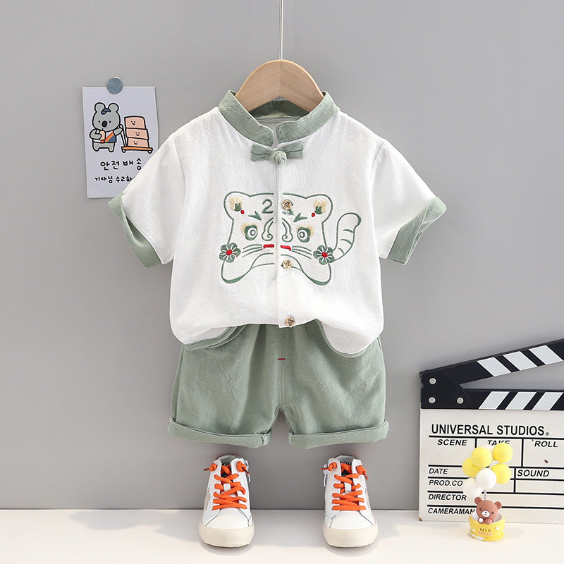 Children's Han Costume Cotton Linen Short Ethnic Clothes National Fashion Tiger Children's Suit