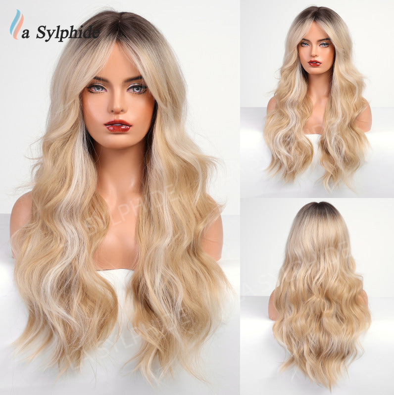 Pink Gray Gold Bangs Curly Hair Rose Net Matte Wig Long Curls