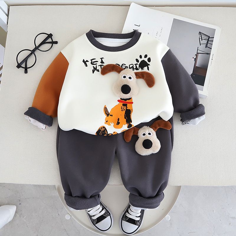 Children's Fleece-lined Sweater Handsome Boys Clothes Two-piece Children's Suit