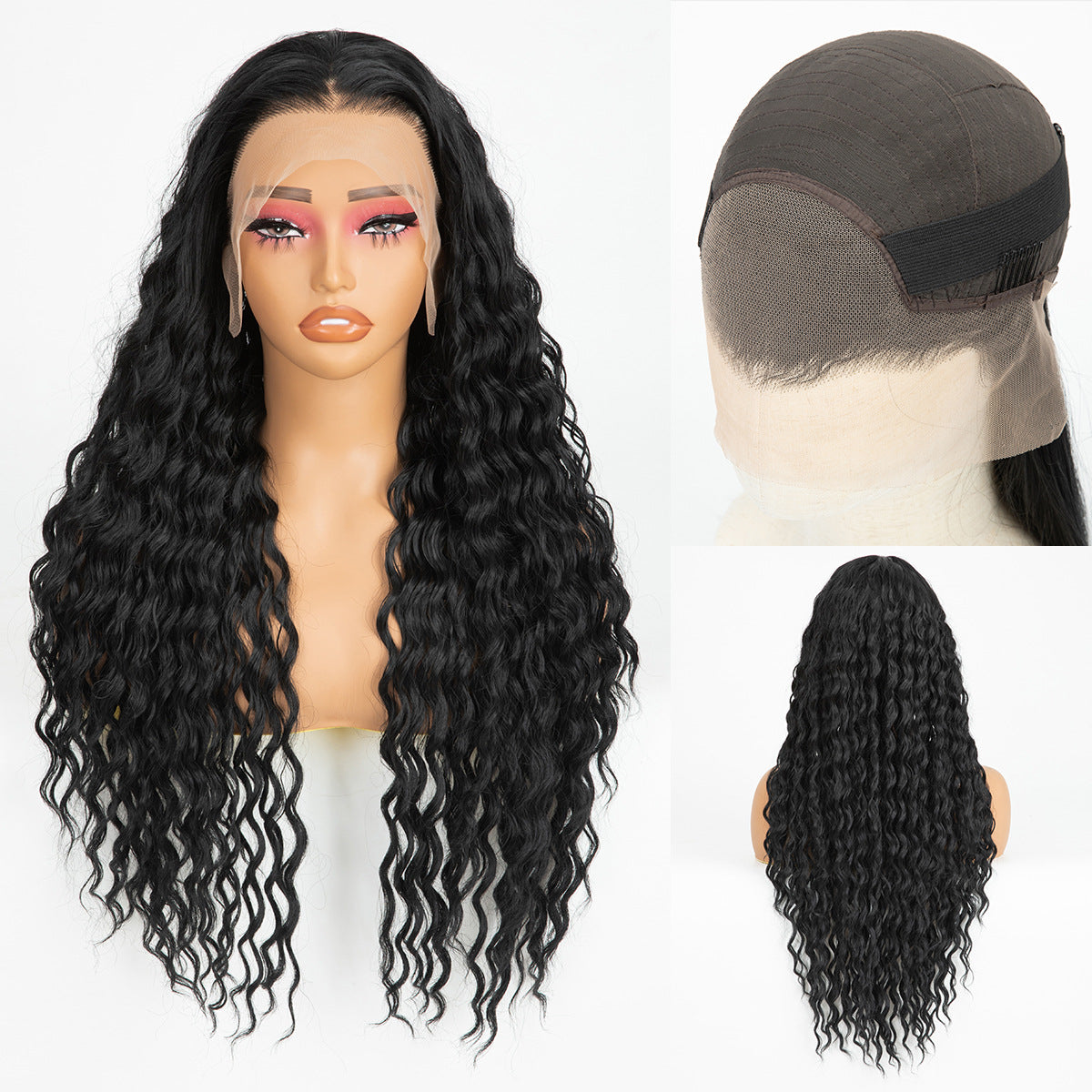 Lace Head Cover Black Hand-woven Curly Long Straight Wig