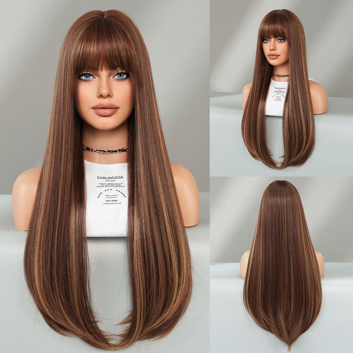 Women's Caramel Mocha Bangs Inner Buckle Layered Long Straight Wig