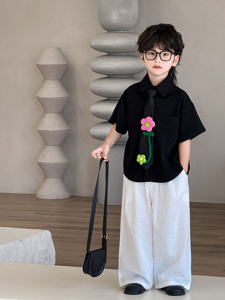 Children's Summer Korean Style Short Sleeve Western Solid Color Children's Shirt