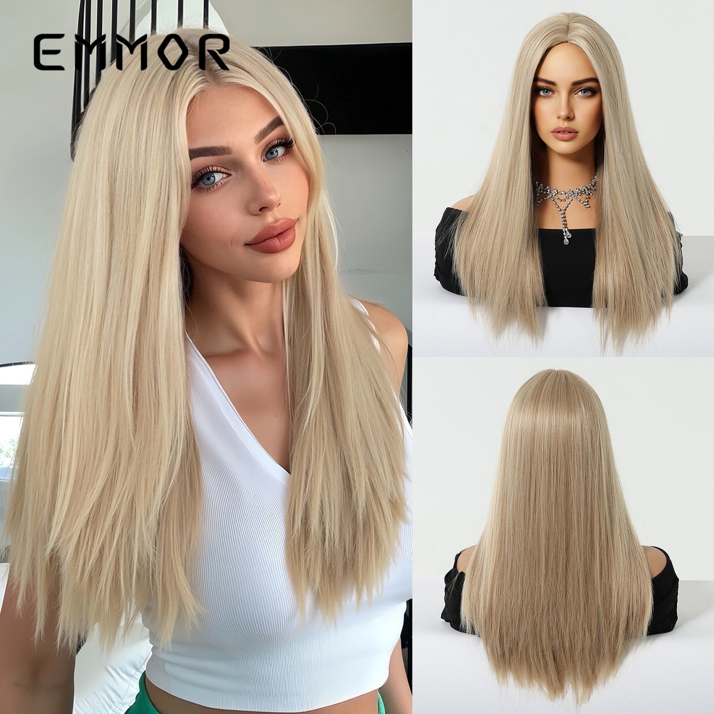 Points Without Bangs Golden Brown Highlight Natural Fashion Full Long Straight Wig