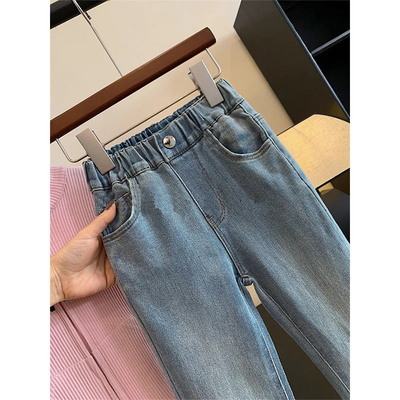 Children's Trousers Rhinestone Denim Fleece-lined Thickened Slim Fit Children's Pants