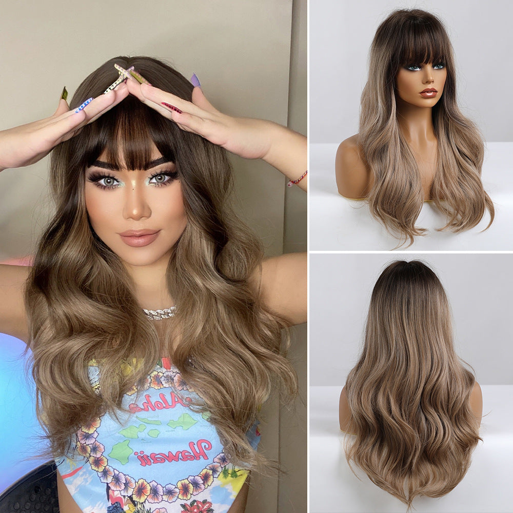 Straight Bangs Curly Hair Gradient White Gold Color Mechanism Wig Long Curls